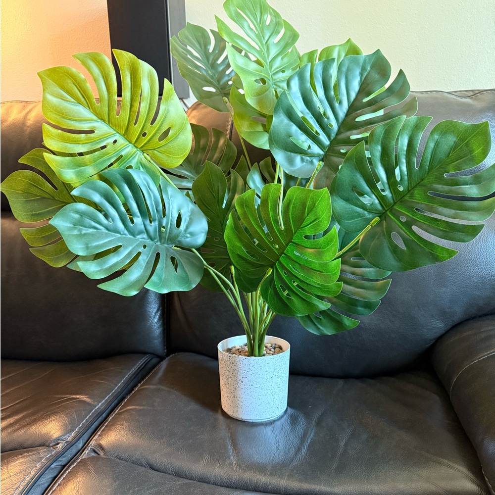 Artificial Green Monstera Plant in White Pot